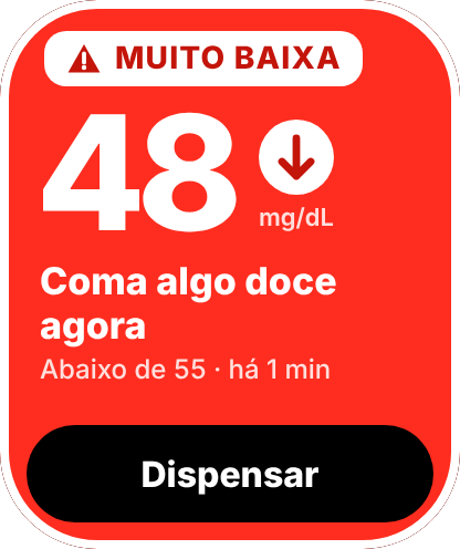 Alerta de glicose muito baixa no relógio, com o valor em destaque